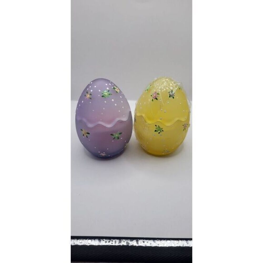 VTG Glass Easter Egg Candle Holder Votive HAND PAINTED Yellow And Purple.